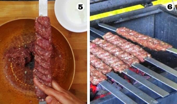 Marking indentations on the koobideh kabob skewer and placing them on the grill.
