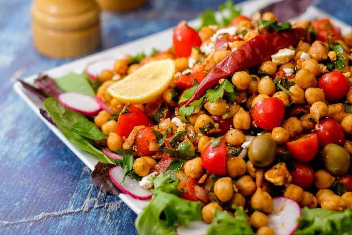Mediterranean chickpea salad on a plate.