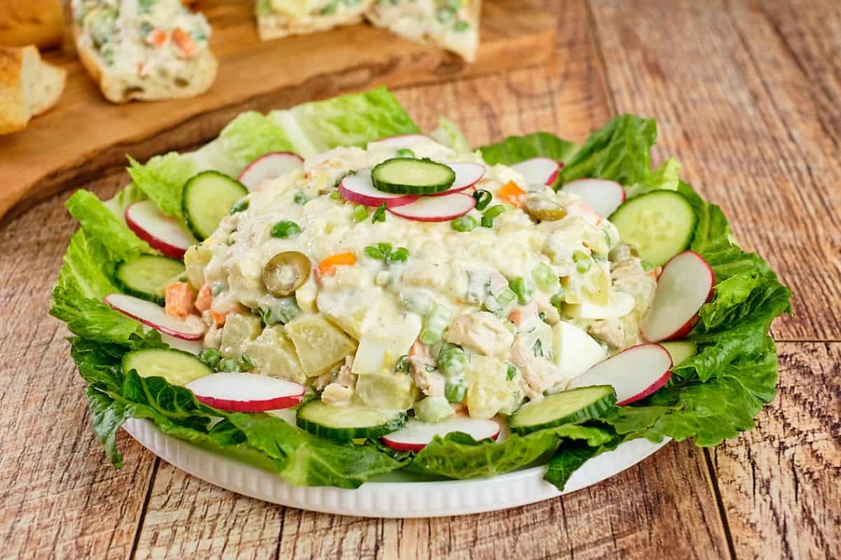 Salad olivieh, a chicken potato salad on the table.