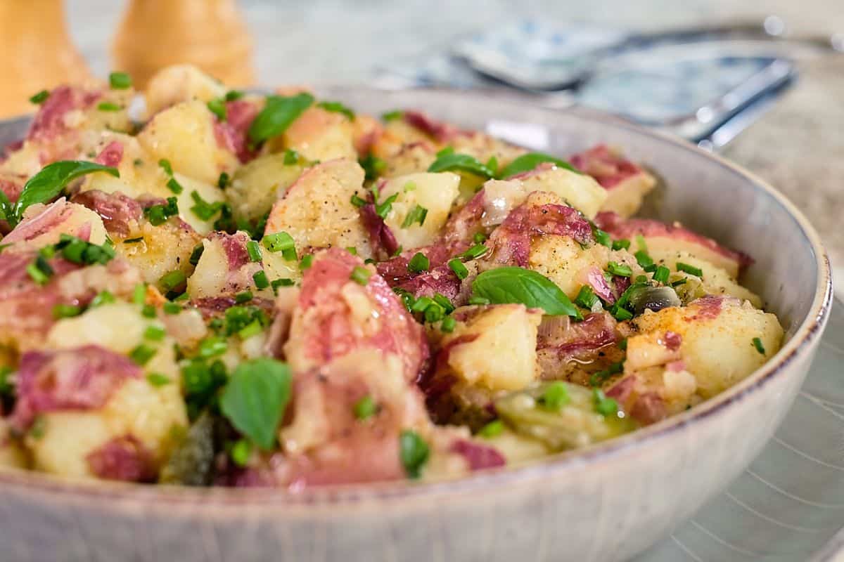 Close view of vegan German potato salad.